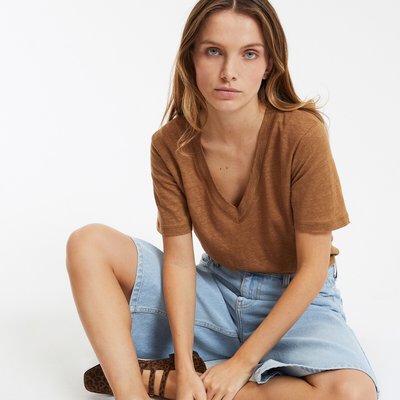 T-shirt in lino scollo a V maniche corte LA REDOUTE COLLECTIONS