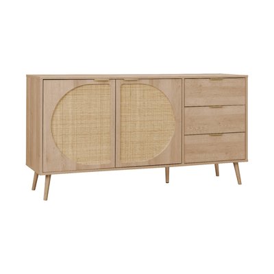 Buffet décor bois et cannage arrondi 2 portes 3 tiroirs 150cm EVA SWEEEK