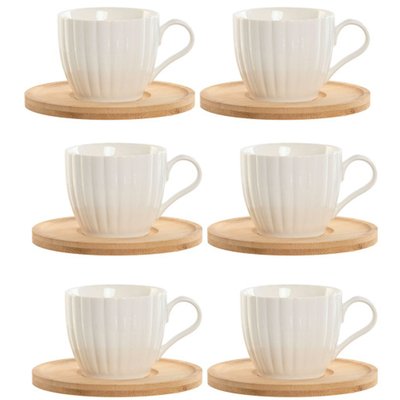 Set de 6 tasses en porcelaine blanche et sous-tasses bambou 220ml WADIGA