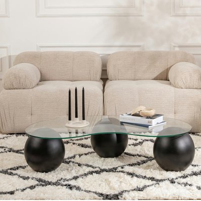 Table basse en verre design – 3 pieds boules noirs KOCHI PIER IMPORT