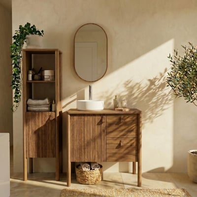 Meuble chêne 80cm, vasque, miroir, robinet et colonne JOY MOB IN