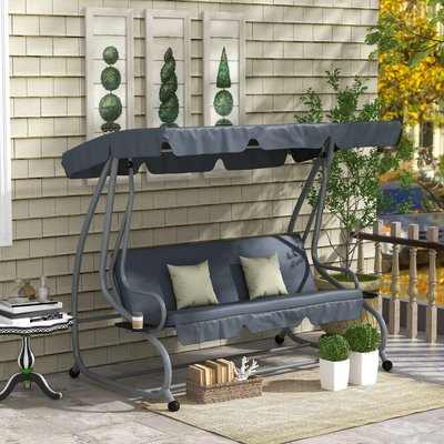 Balancelle de jardin 3 places convertible 2 tablettes coussins gris OUTSUNNY