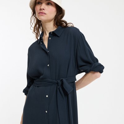 Robe-chemise en crépon, mi-longue, manches longues LA REDOUTE COLLECTIONS