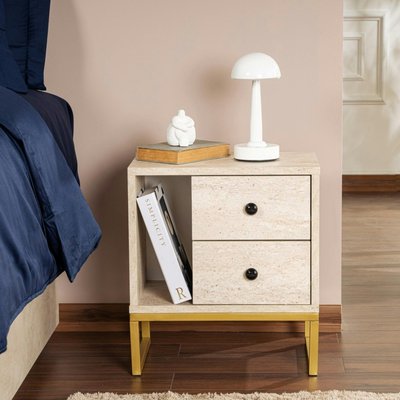 Table de nuit 2 tiroirs, 1 niche - effet travertin JENA PIER IMPORT