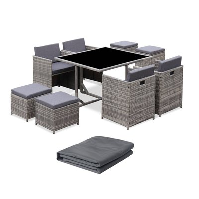 Table de jardin encastrable résine tressée 8 fauteuils + Housse de protection VABO 8 + HOUSSE SWEEEK