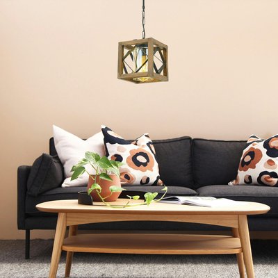 Suspension industrielle cube – bois et métal noir CAMOGLI PIER IMPORT