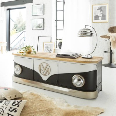 Meuble TV noir avec plateau en bois de manguier  COMBI MADE IN MEUBLES 