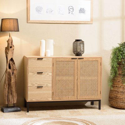 Buffet bois clair 2 portes rotin 3 tiroirs pieds métal PALMA PIER IMPORT