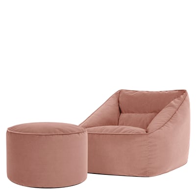 Pouf fauteuil salon et son repose-pied rond en velours mat Oeko-Tex® - NATALIA ICON