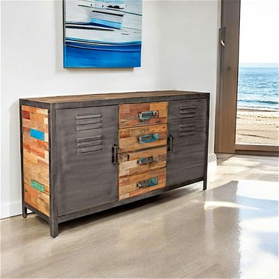 Buffet industriel bois recyclé et métal 2 portes 4 tiroirs 160cm CARAVELLE PIER IMPORT