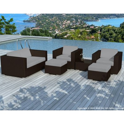 Salon de jardin résine noire 2 fauteuils + canapé tissu gris + 2 poufs + table basse PIER IMPORT