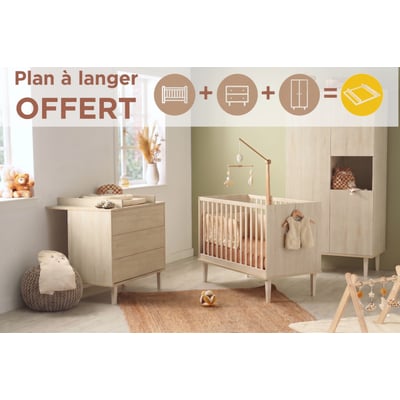 Chambre bébé 3 pièces , Lit bébé 120x60, Commode à langer 3 tiroirs , Armoire 3 portes et 1 niche - décor bois hêtre cendré SAUTHON