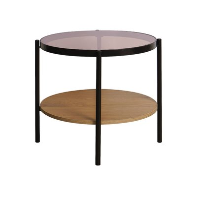 Table d'appoint ronde double plateau verre trempé, effet bois et métal SMOOKY SWEEEK