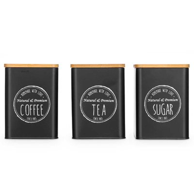 Set de 3 boîtes en métal noir café, sucre, thé 10x10x13.5cm WADIGA