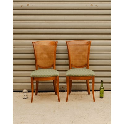 Paire de chaises en bois et tissu vert Claude N°1734 - Bon état DEBONGOUT