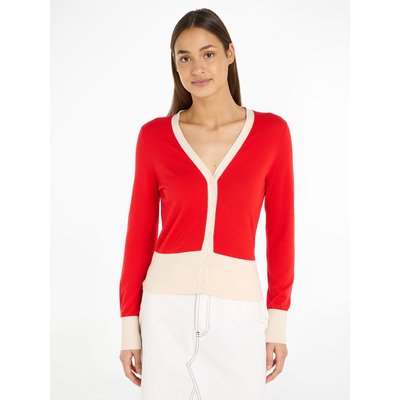 Two-Tone Wool Cardigan in Fine Knit with V-Neck TOMMY HILFIGER