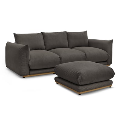 Canapé droit fixe 3 places en velours côtelé avec pouf, ERNEST BOBOCHIC