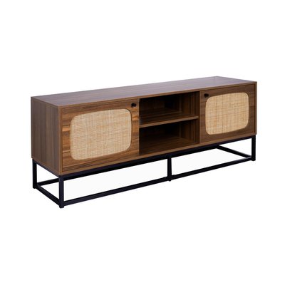 Meuble TV décor bois et cannage arrondi 2 portes 140cm RETRO SWEEEK