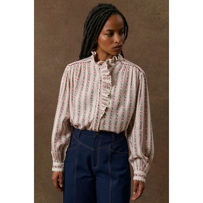 Blouse col montant à volants et rayures, CORA LOUISE MISHA