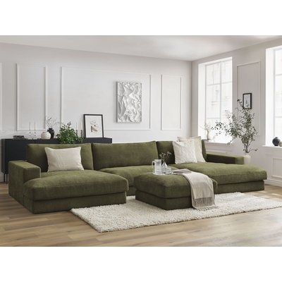Canapé panoramique fixe 5 places en tissu texturé avec pouf, LEONARD BOBOCHIC