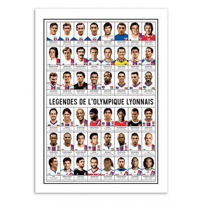 Affiche d’art et cadre noir 50 x 70 cm - Légendes de l'Olympique Lyonnais - Olivier Bourdereau WALL EDITIONS