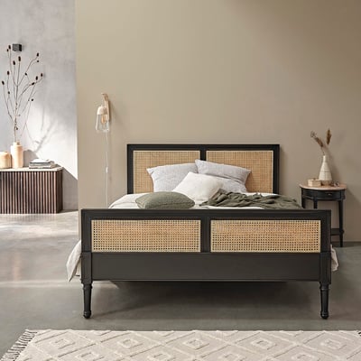 Lit en acajou massif massif et cannage 160 cm avec sommier  SOHO BERAH GETAH