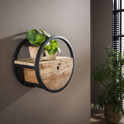 Etagère murale ronde 40 cm bois et métal 1 tiroir CYCLADES PIER IMPORT