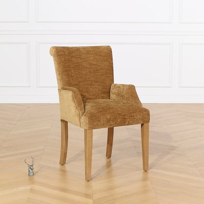 Fauteuil de table style contemporain, pieds en bois massif, tissu cognac ALISON ROBIN DES BOIS