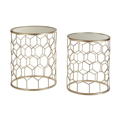 Set of 2 Round Side Tables with Mirror Top in Champagne Iron SO'HOME