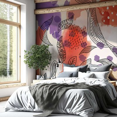 Papier peint graphique feuilles et plumes HEXOA