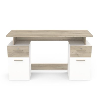Bureau Double Caisson, Décor Bois et Blanc - L134,8 cm - Platon CALICOSY