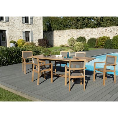 Salon de jardin bois de teck table de jardin extensible rectangulaire 180/240x100cm + 6 fauteuils empilables textilène SUMMER PIER IMPORT