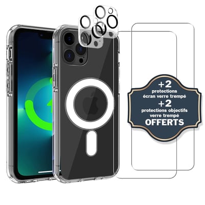 Coque Anti-choc compatible Magsafe pour iPhone 13 Pro Transparente + 2 protections écran et 2 protections objectif caméra EVETANE
