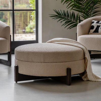 Cerron Round Boucle Storage Footstool with Dark Wood Legs SO'HOME