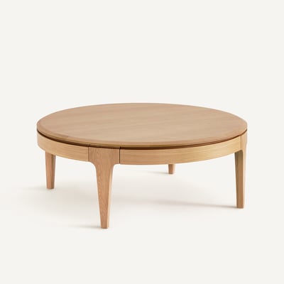 Table basse ronde, en chêne massif et plaqué, 2 tiroirs, SANARA AM.PM