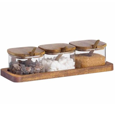 Set de 3 pots à épices en verre et plateau en bois d'acacia 21x10.5x7cm WADIGA
