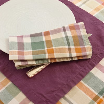 Serviette de table en métis lin et coton, PASSION MADRAS BLANC CERISE