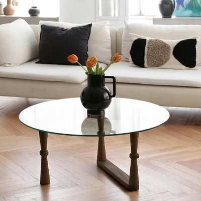 Table basse en verre ronde - pied bois sculpté BOMA PIER IMPORT