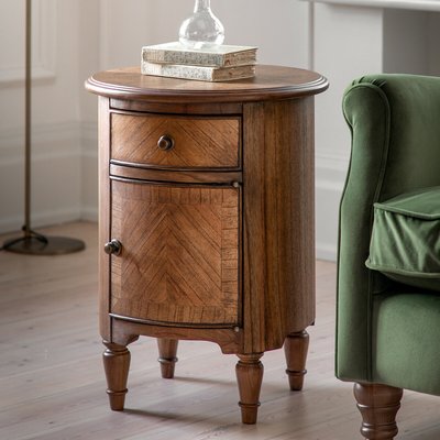 Hayes Vintage Inlaid Wood Round Drum Side Table SO'HOME