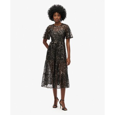 Robe mi-longue en maille filet à volants Volume SUPERDRY