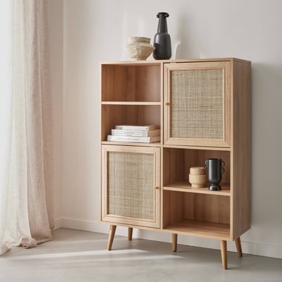Buffet décor bois et cannage 2 portes 90cm BOHÈME SWEEEK