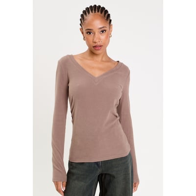 T-shirt Manches Longues Col V Femme - Uni Stretch Décontracté - 95% Viscose 5% Elasthanne - Tailles 36 à 56