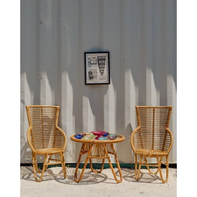 Ensemble de table et fauteuils en rotin Ange N°24 - Bon état DEBONGOUT