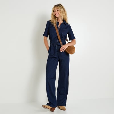Combinaison Jean Femme - Jumpsuit Denim Moulant, Dos Nu, Laçage Cou | Style Été Léger Et Élégant