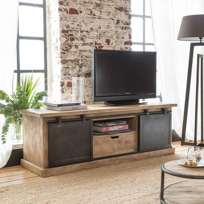 Meuble TV en bois de manguier brossé et métal noir 150 cm  HELSINKI MADE IN MEUBLES 