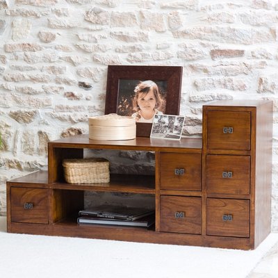 Meuble TV 105cm bois exotique verni escalier 6 tiroirs 2 niches LOLA PIER IMPORT