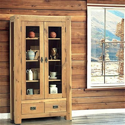 Vaisselier vitrine style chalet en bois de chêne massif 2 portes 2 tiroirs 100x180cm FJORD PIER IMPORT