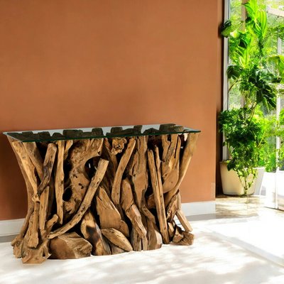 Console plateau en verre sur racine de teck ARIZONA PIER IMPORT