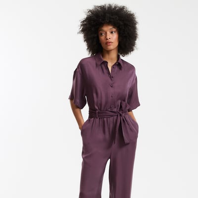 Combinaison Femme Élégante - Manches Courtes, Ceinture Inclus - Pantalon Large - Noir - Pour Soirée Ou Casual