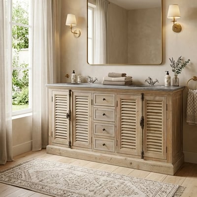 Meuble de salle de bain double vasque en bois et pierre L177 - HANOÏ HELLIN, DEPUIS 1862